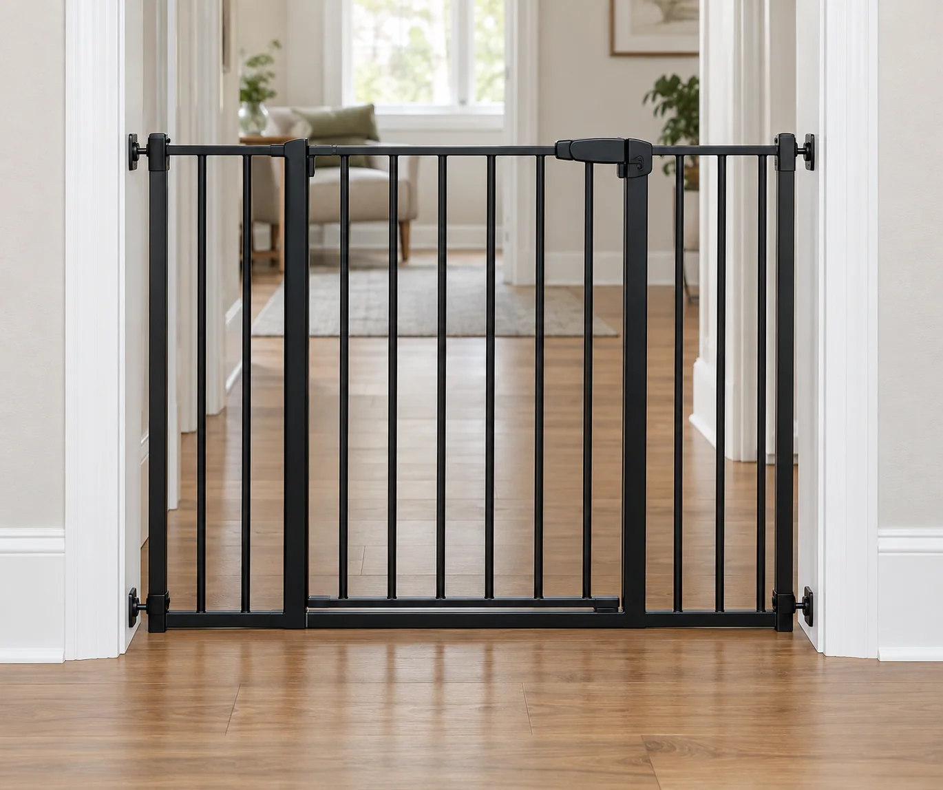 Black metal pet gate with a closed walk-through panel in a level hallway doorway