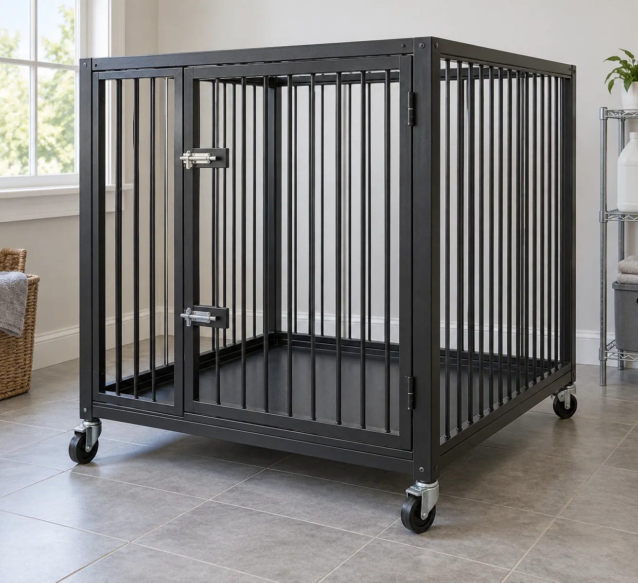 Empty black steel dog kennel with front door, two latches and caster wheels