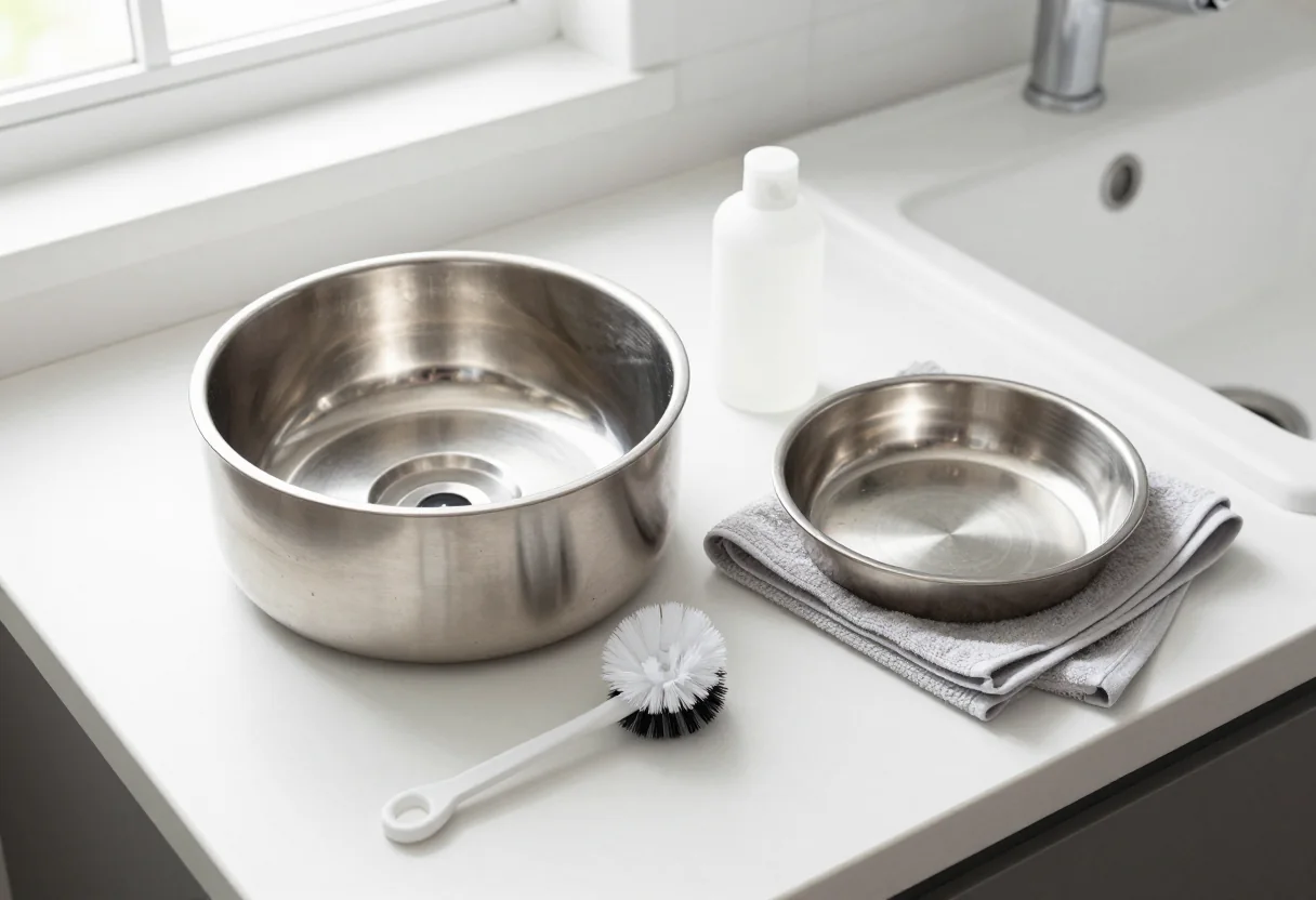 Stainless steel pet-water bowls beside a cleaning brush and folded towel at a sink