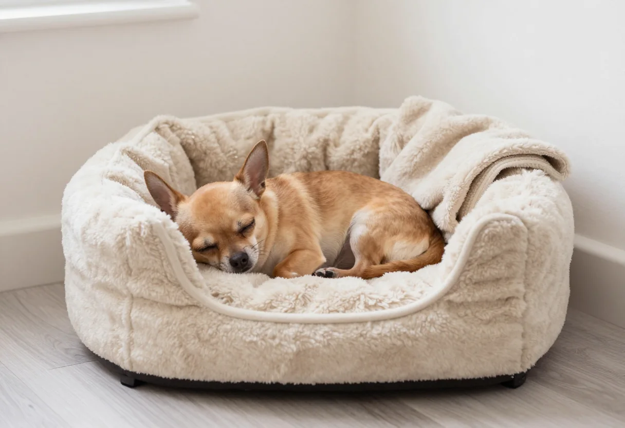 Small tan Chihuahua resting in a cream bolster bed with a fleece blanket